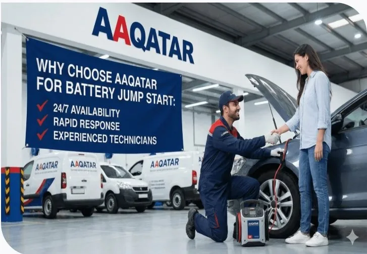 AAQATAR certified technician performing battery jump start service in Qatar with professional equipment