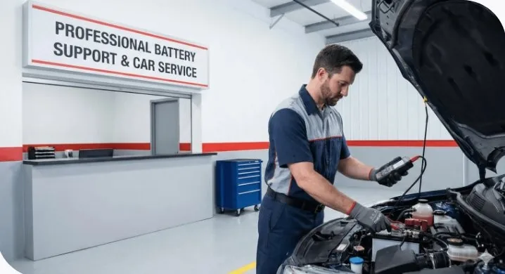 AAQATAR certified technician testing car battery with professional diagnostic equipment — battery service Qatar
