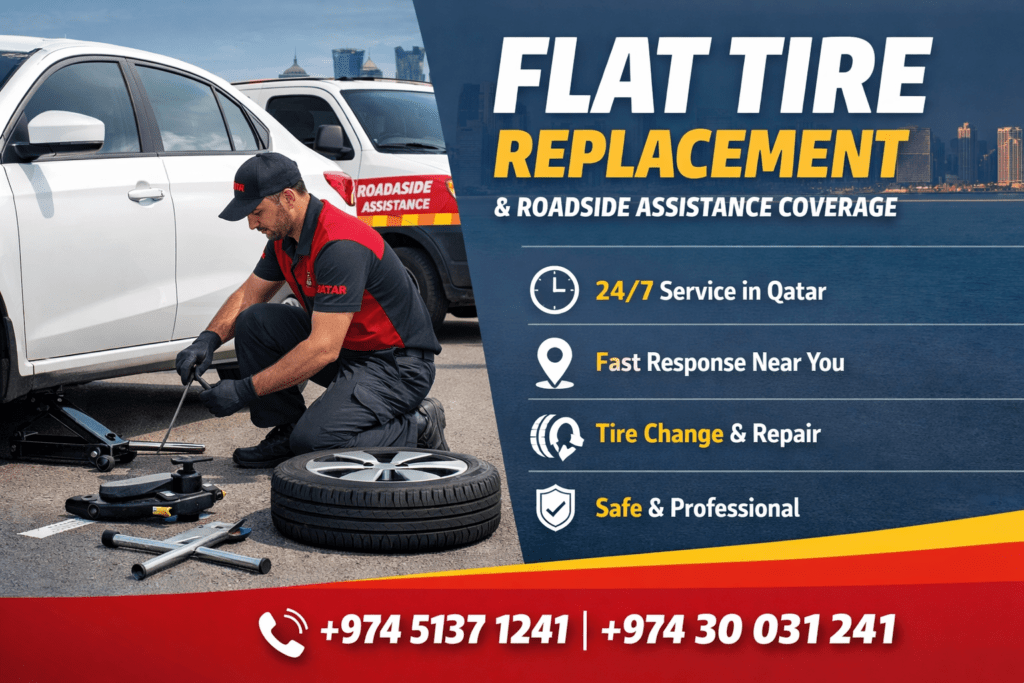 Flat tire replacement service in Qatar by AAQATAR at roadside