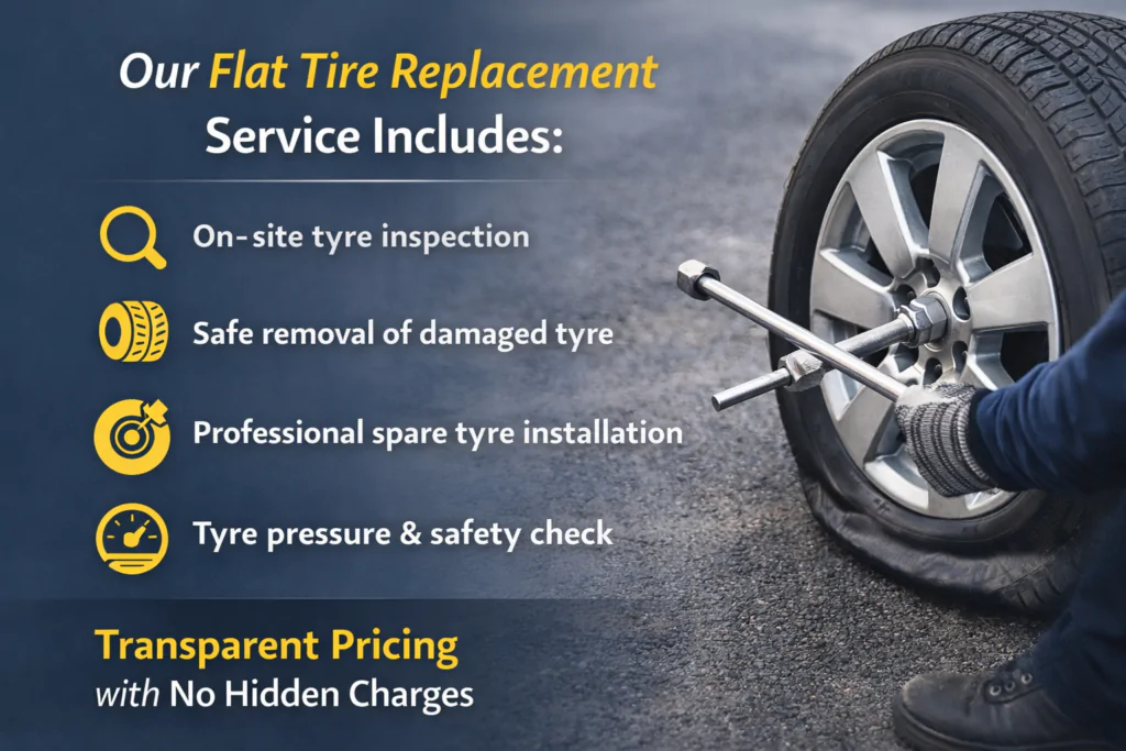 Flat tire replacement service in Qatar by AAQATAR at roadside