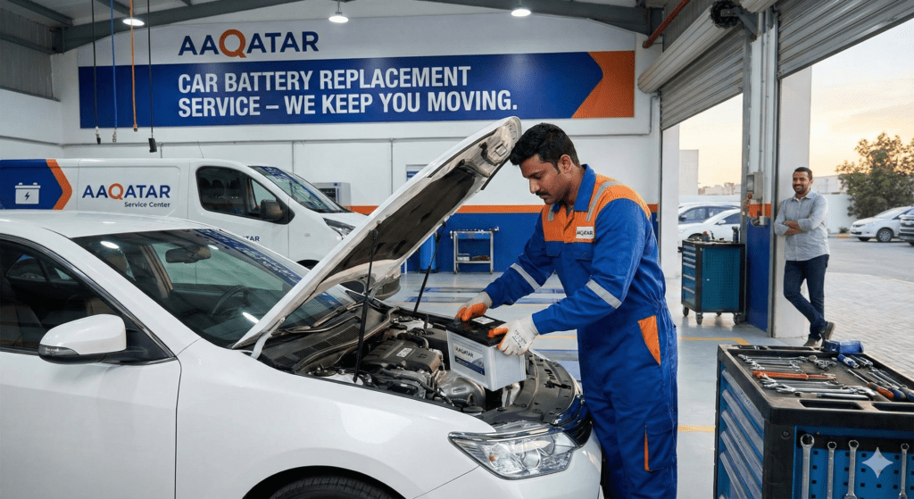 Car battery replacement service in Qatar by AAQATAR at roadside