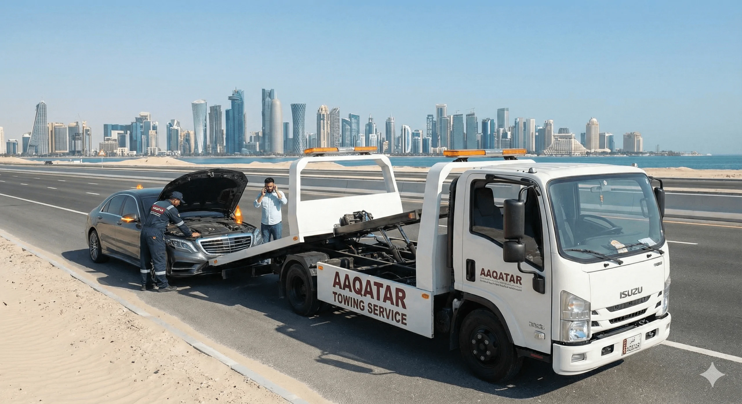 AAQATAR flatbed tow truck loading a stranded car for emergency towing service in Qatar