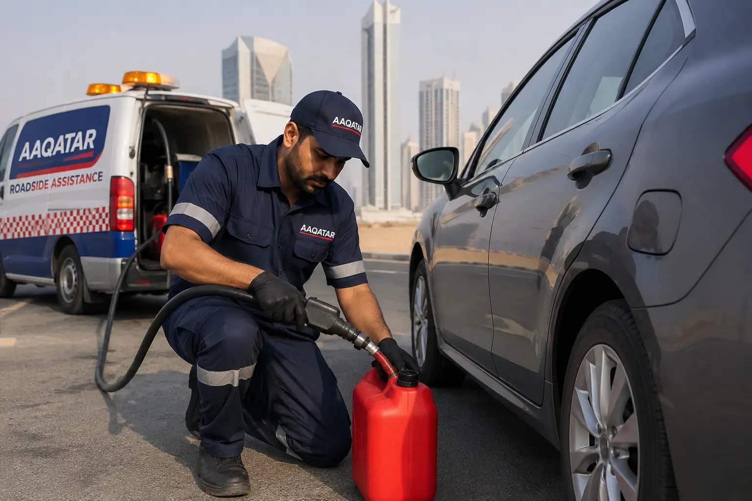 AAQATAR emergency fuel delivery technician filling a red petrol canister for a stranded car in Qatar