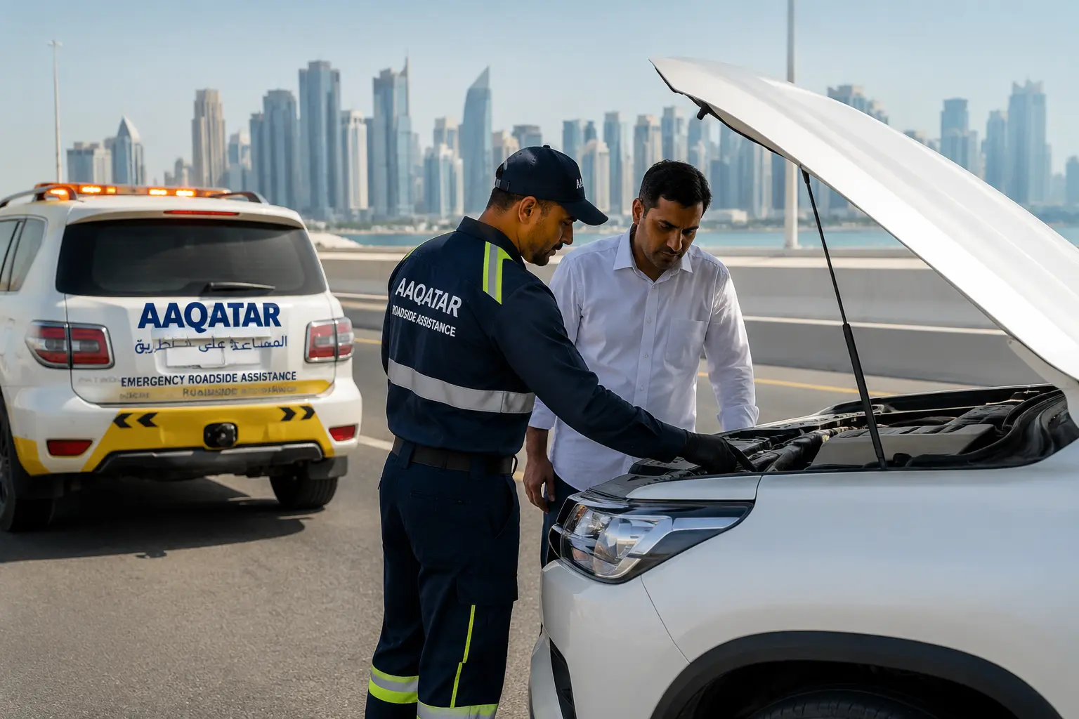 AAQATAR emergency roadside assistance technician helping a stranded driver in Qatar