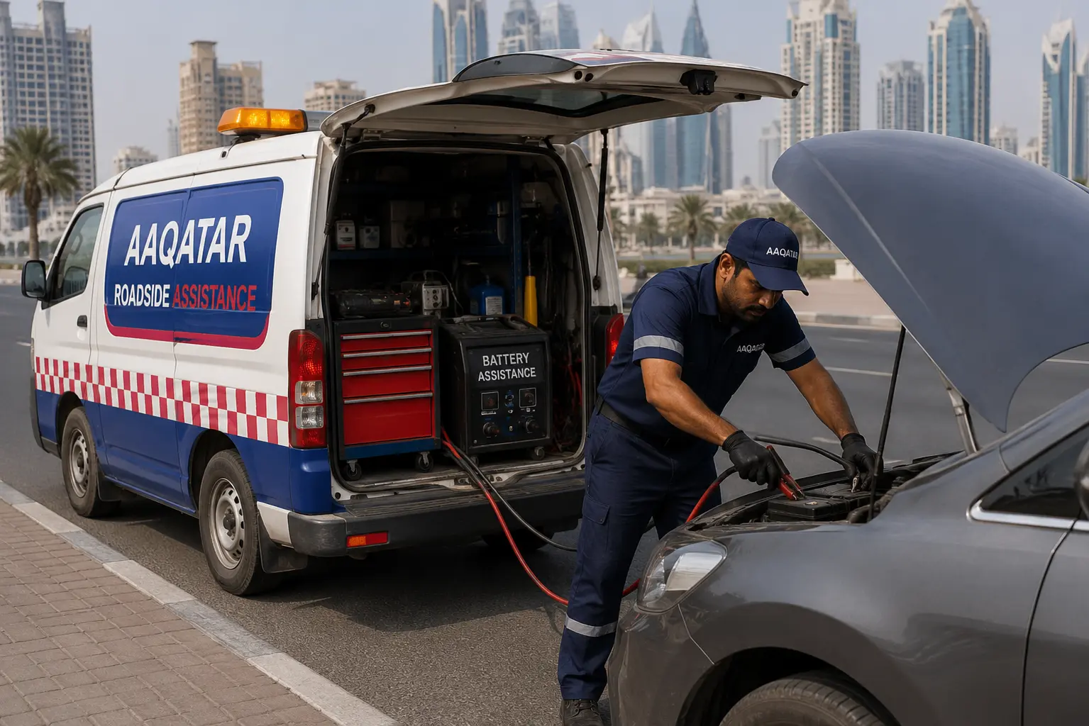 Mobile roadside battery assistance van in Qatar