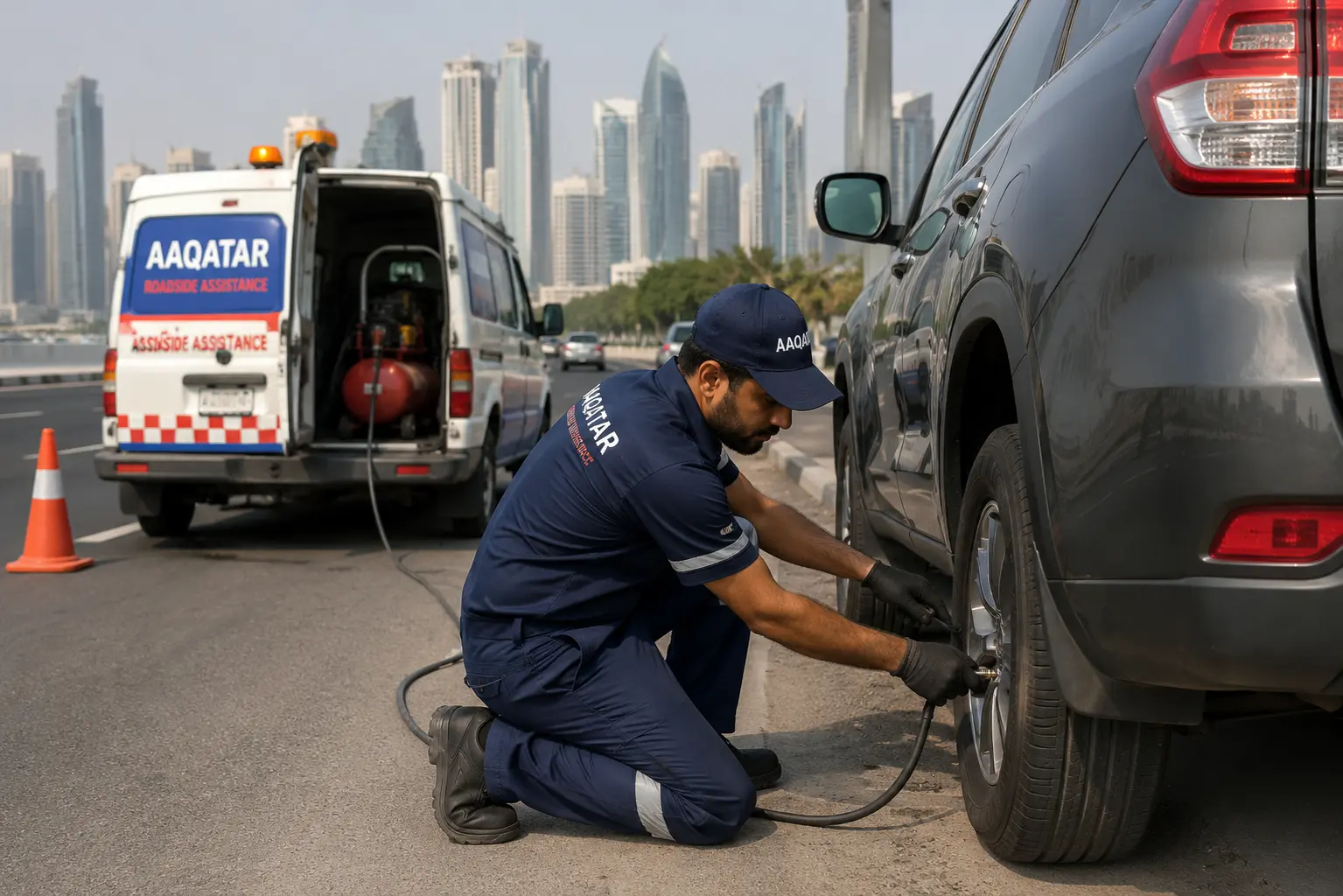 Mobile tire puncture repair service at the roadside in Qatar by AAQATAR