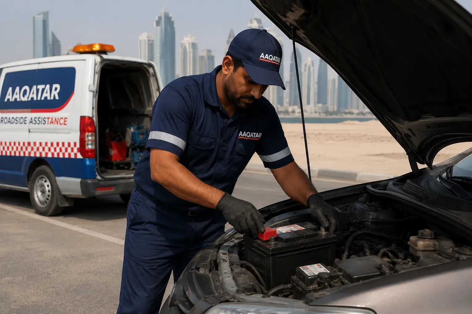 AAQATAR technician replacing a car battery on-site in Qatar