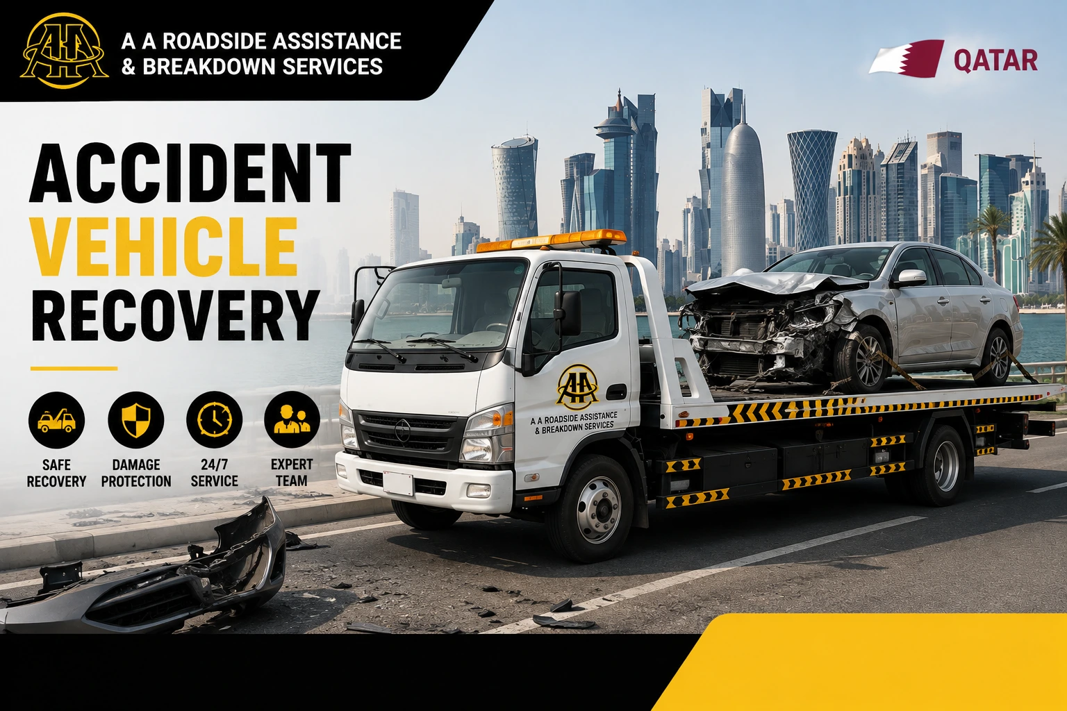 Accident Recovery Qatar - AAQATAR recovery truck safely recovering a damaged vehicle