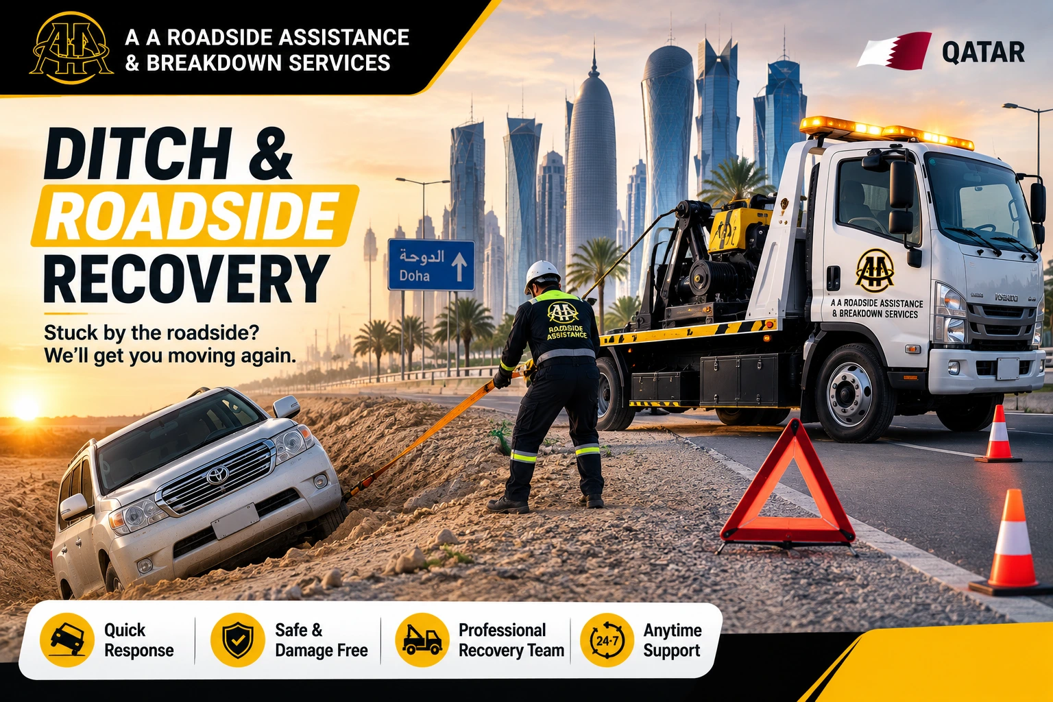 Ditch Recovery Qatar - vehicle stuck in a ditch being recovered by AAQATAR technician