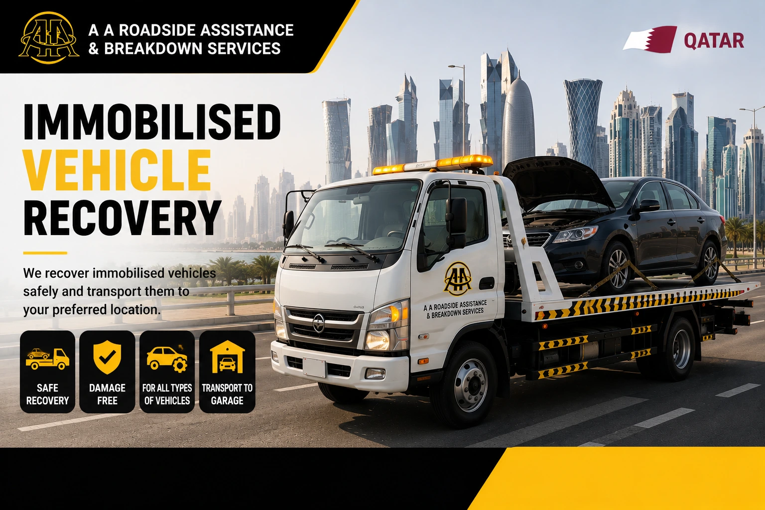 Immobilised Vehicle Recovery Qatar - vehicle being loaded onto a flatbed recovery truck