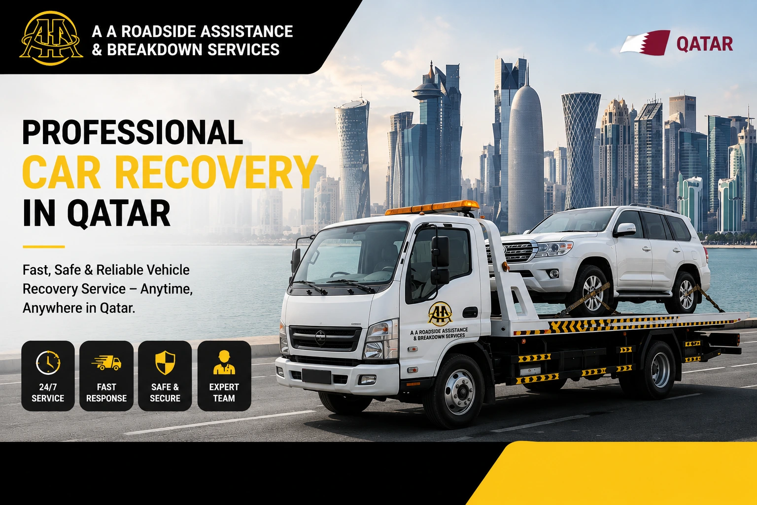 Vehicle Recovery Service in Qatar - AAQATAR recovery truck winching a stuck vehicle safely