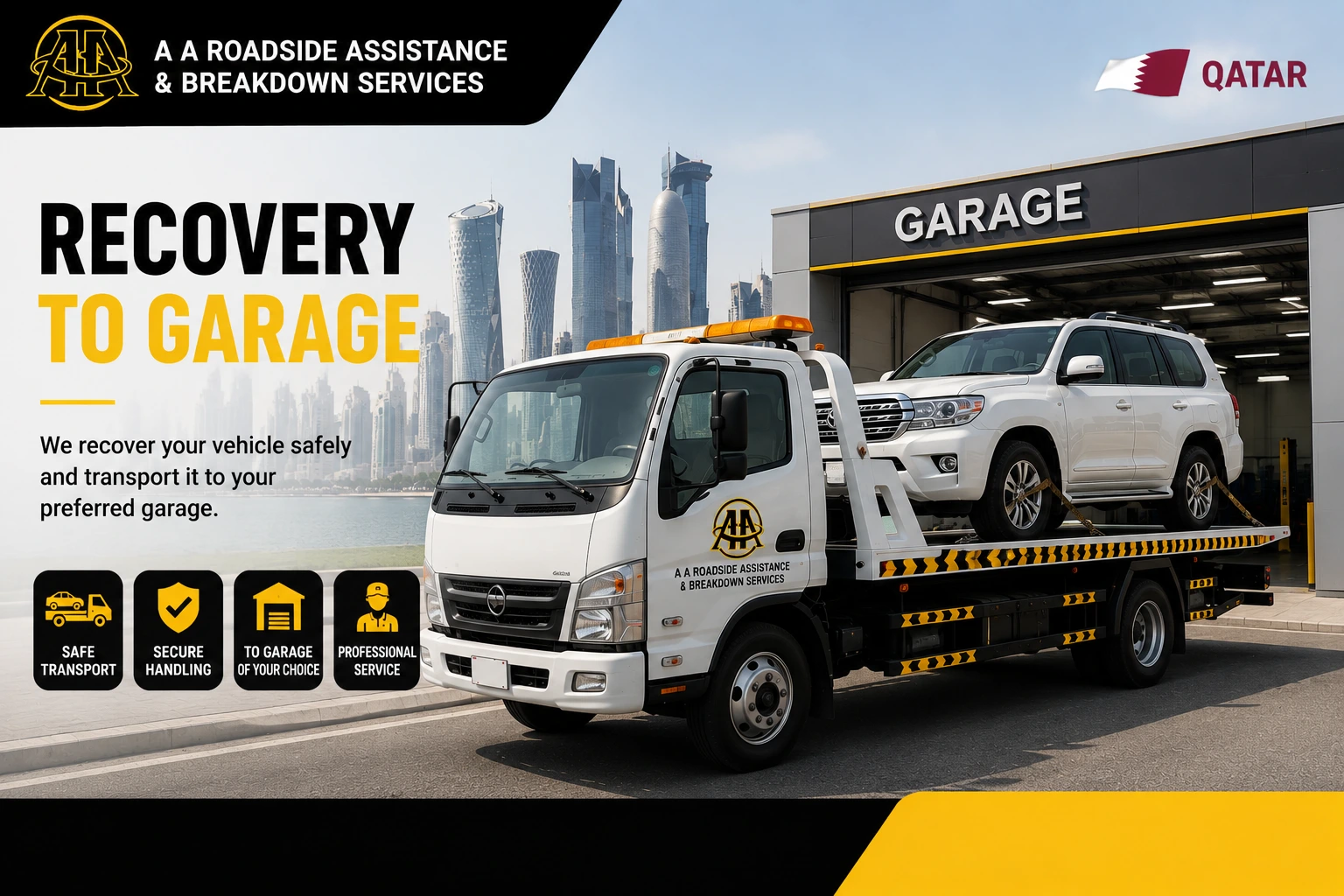 Car Recovery Qatar - AAQATAR recovery vehicle transporting a car to a garage