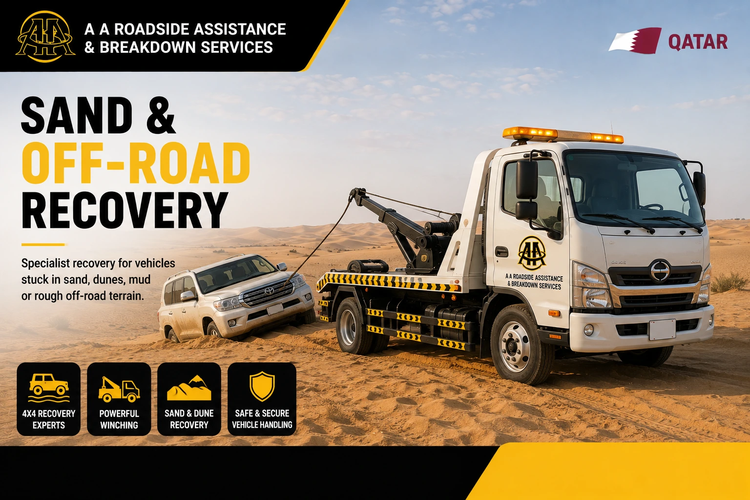 Off-Road Recovery Qatar - 4x4 SUV stuck in sand being recovered in the desert