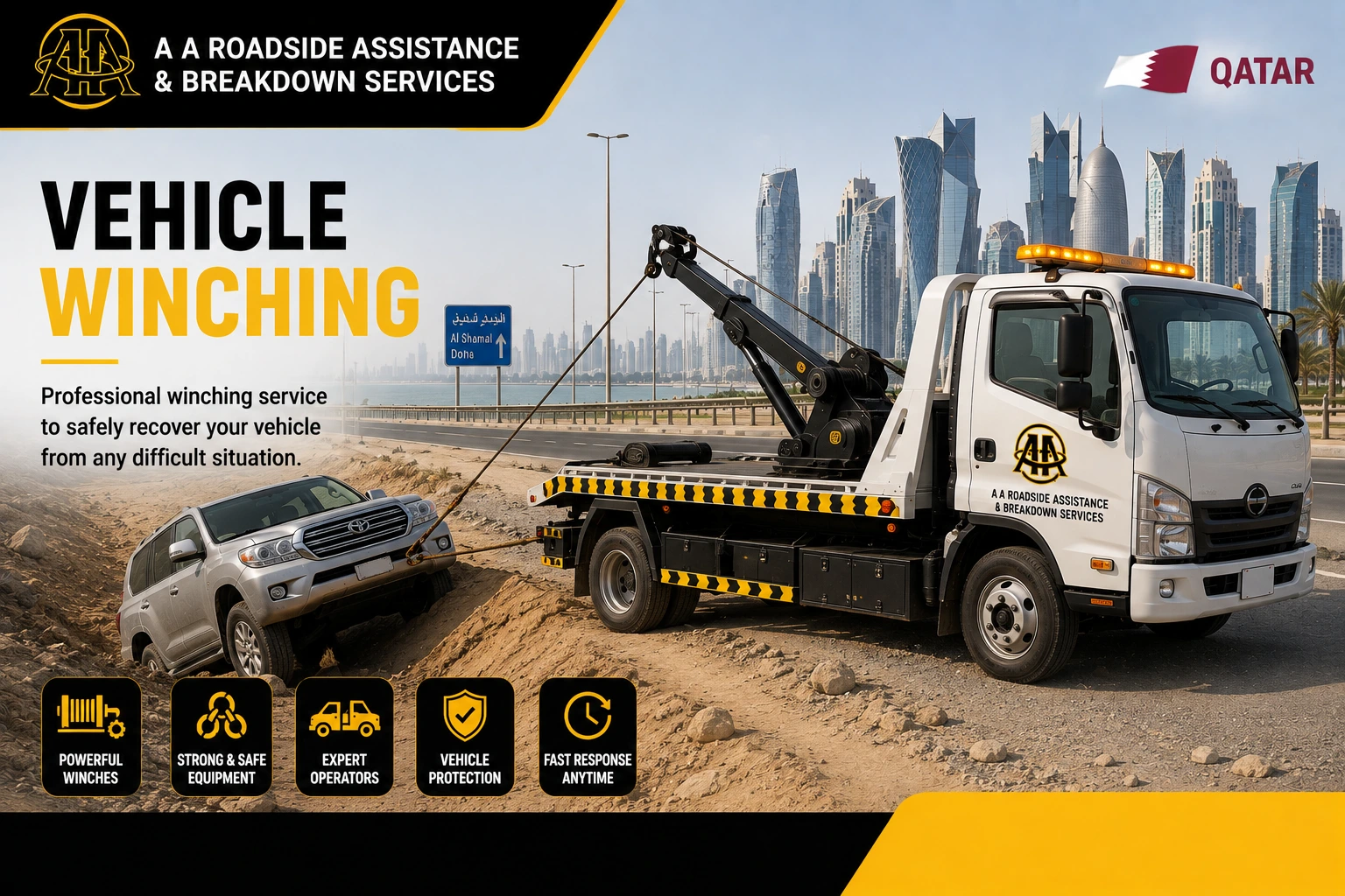 Vehicle Winching Service Qatar - AAQATAR technician preparing winch equipment for recovery